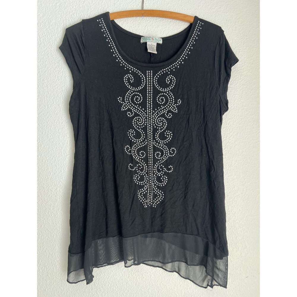 Vintage Suzie Black Embellished Tunic‎ Top Sheer Hem Size S